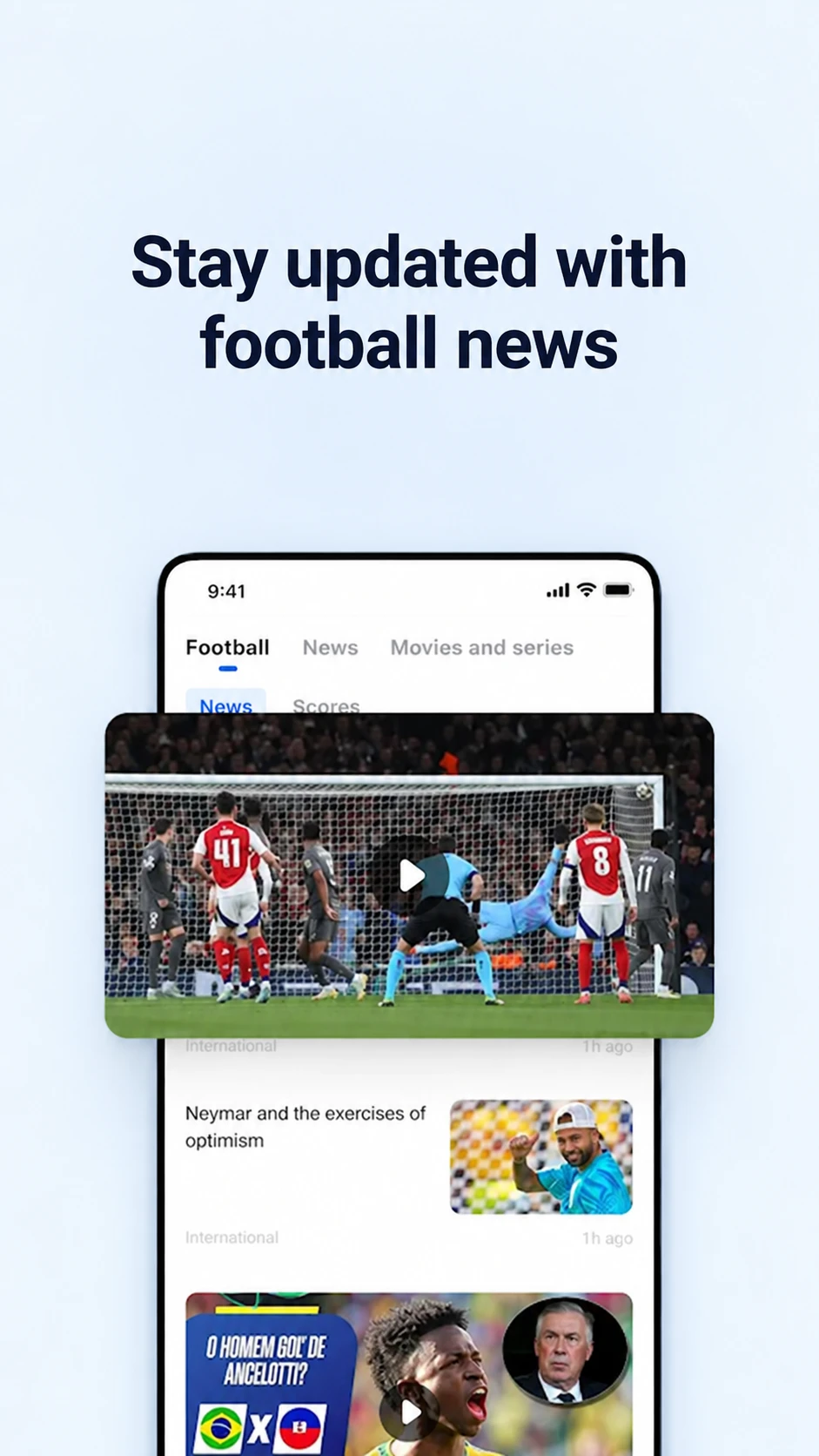Pantalla de descubrimiento de noticias de fútbol de Zapi