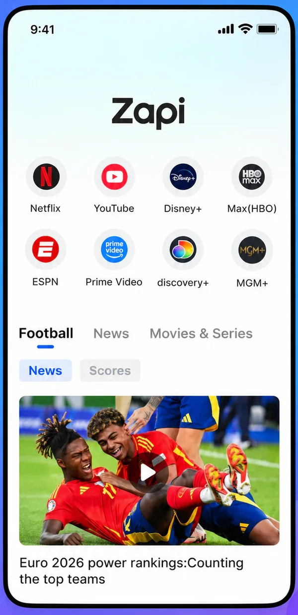 Pantalla de inicio de Zapi con acceso rápido a noticias, deportes y entretenimiento